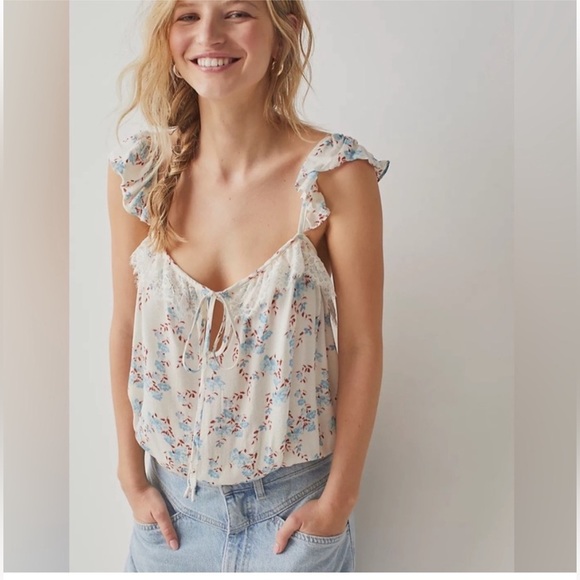 Free People Tops - Free people intimates white red and blue floral bodysuit with lace